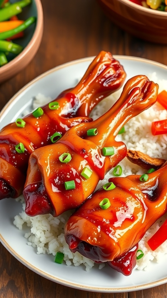 Crispy duck legs glazed with honey and soy sauce, garnished with green onions, served with rice and vegetables.